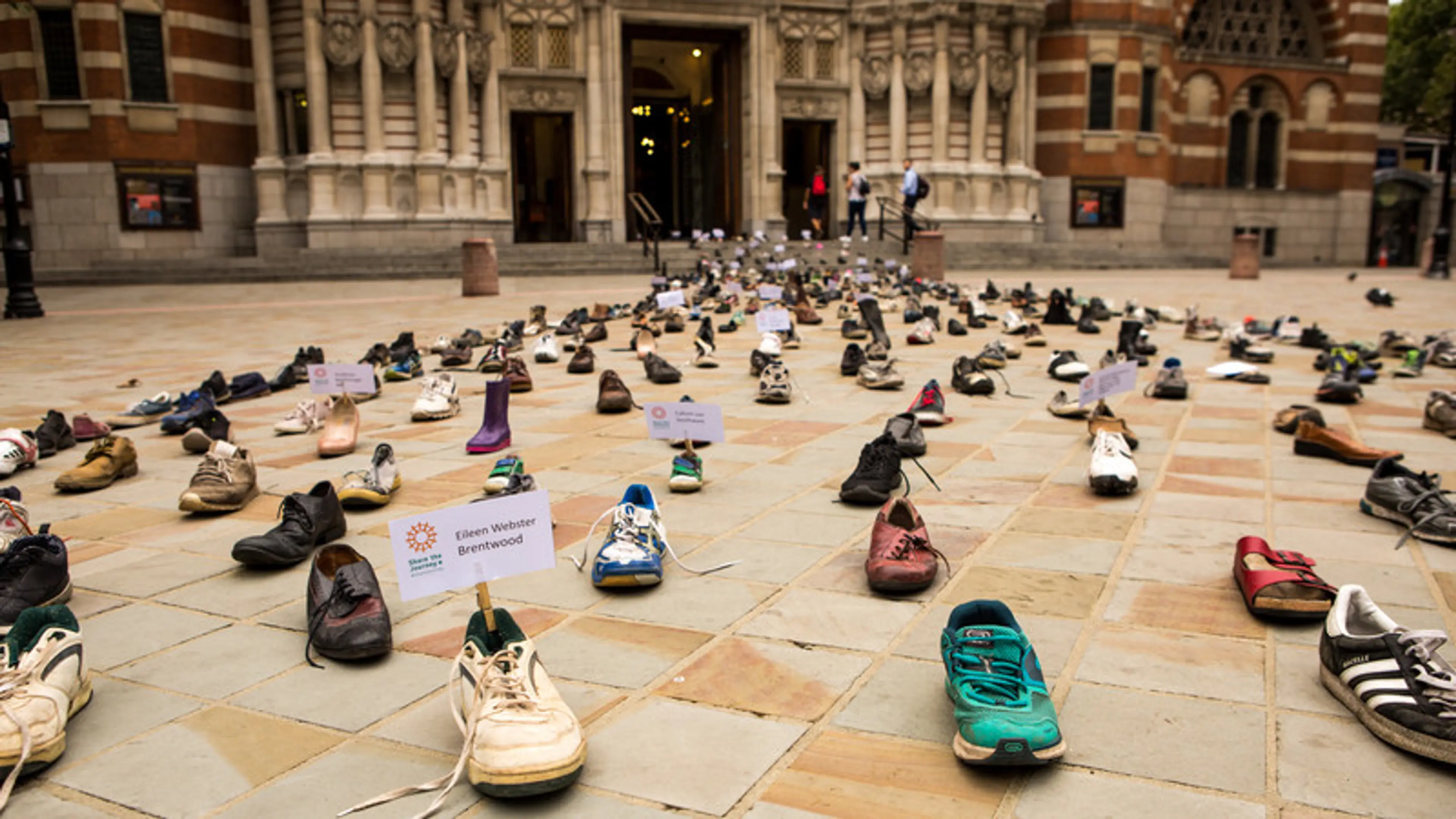 UK - Westminster - Shoes outside Westminster Cathedral for Share the Journey display