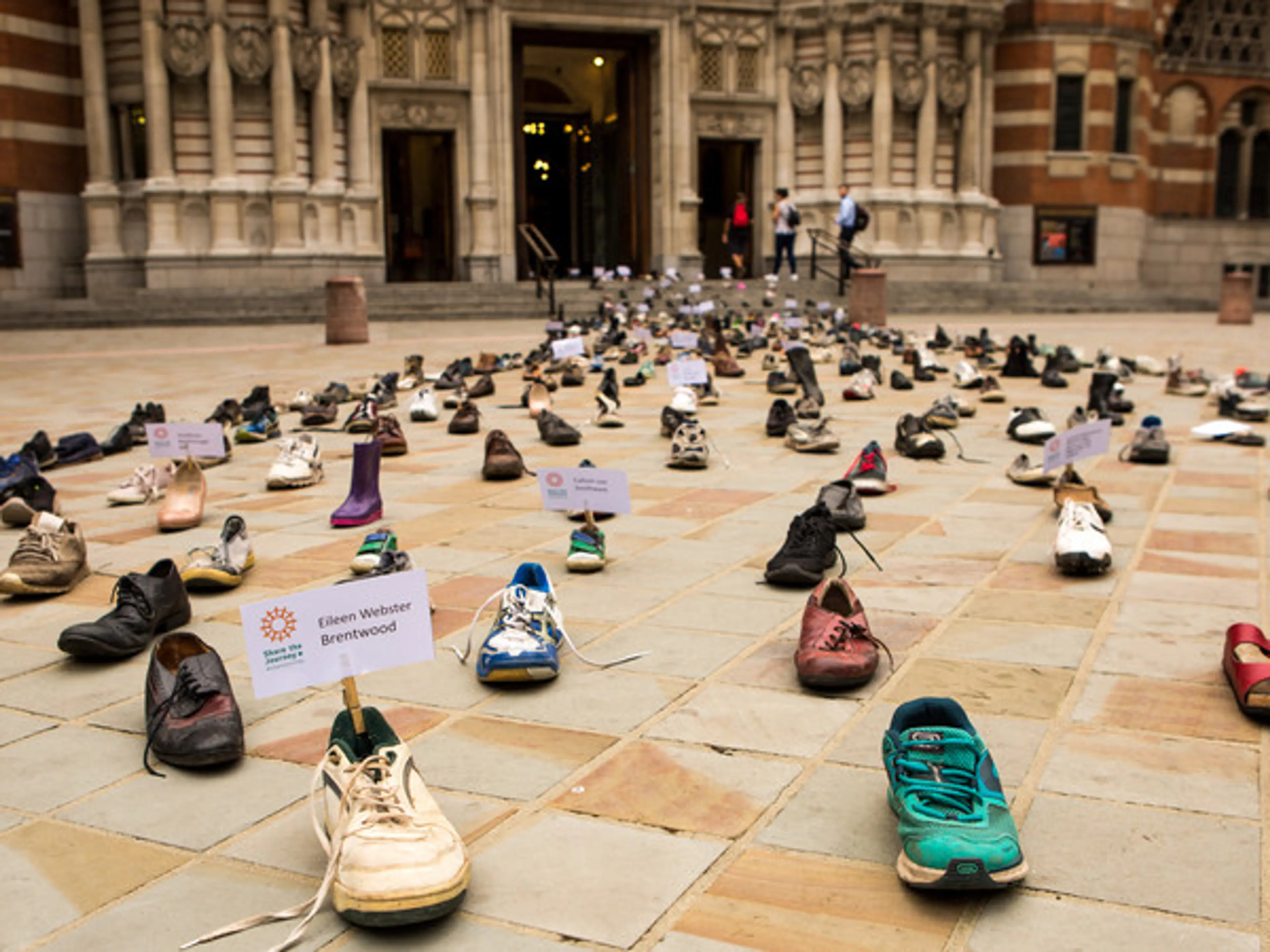 UK - Westminster - Shoes outside Westminster Cathedral for Share the Journey display