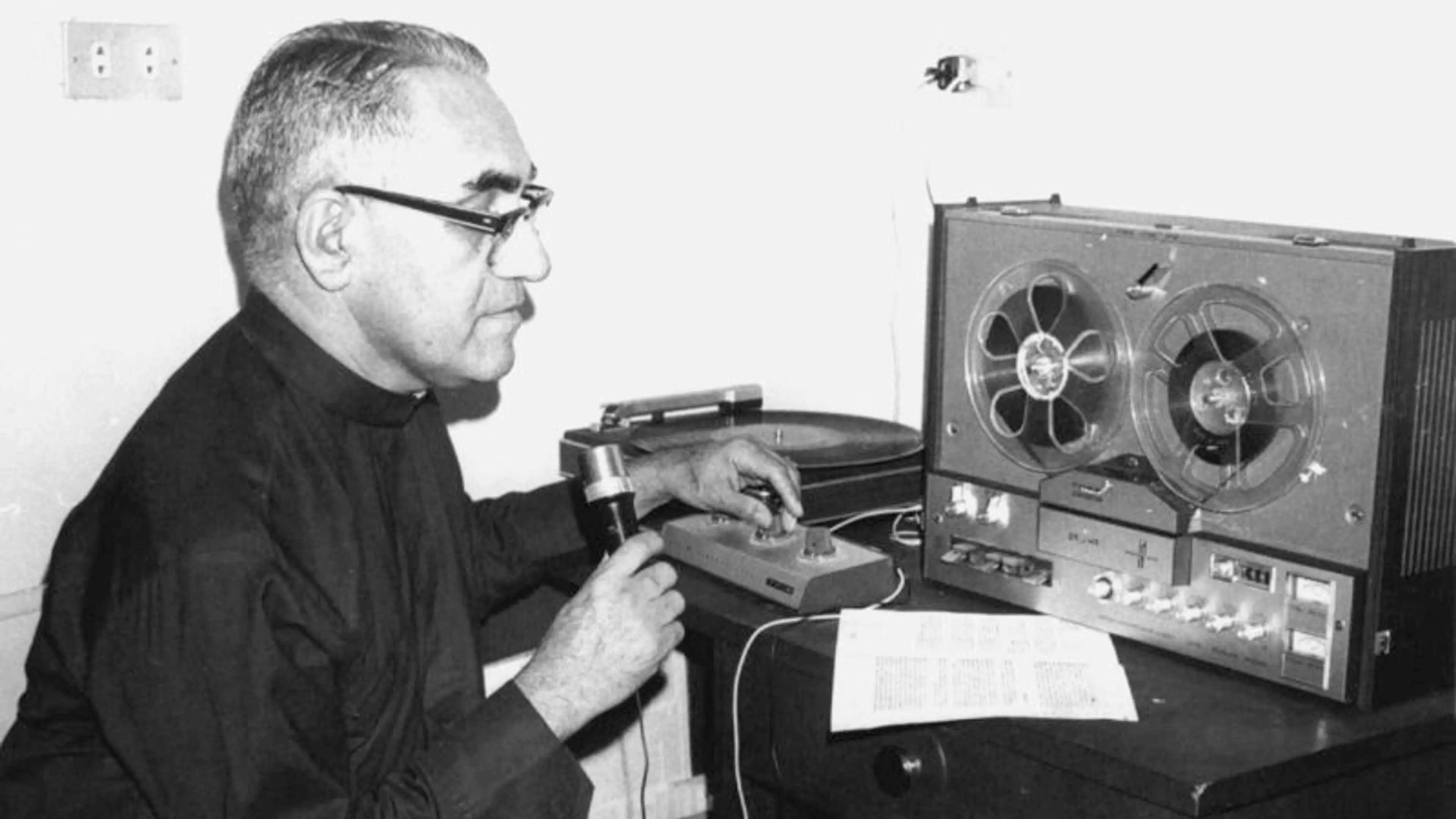 Oscar Romero broadcasting his sermon by radio