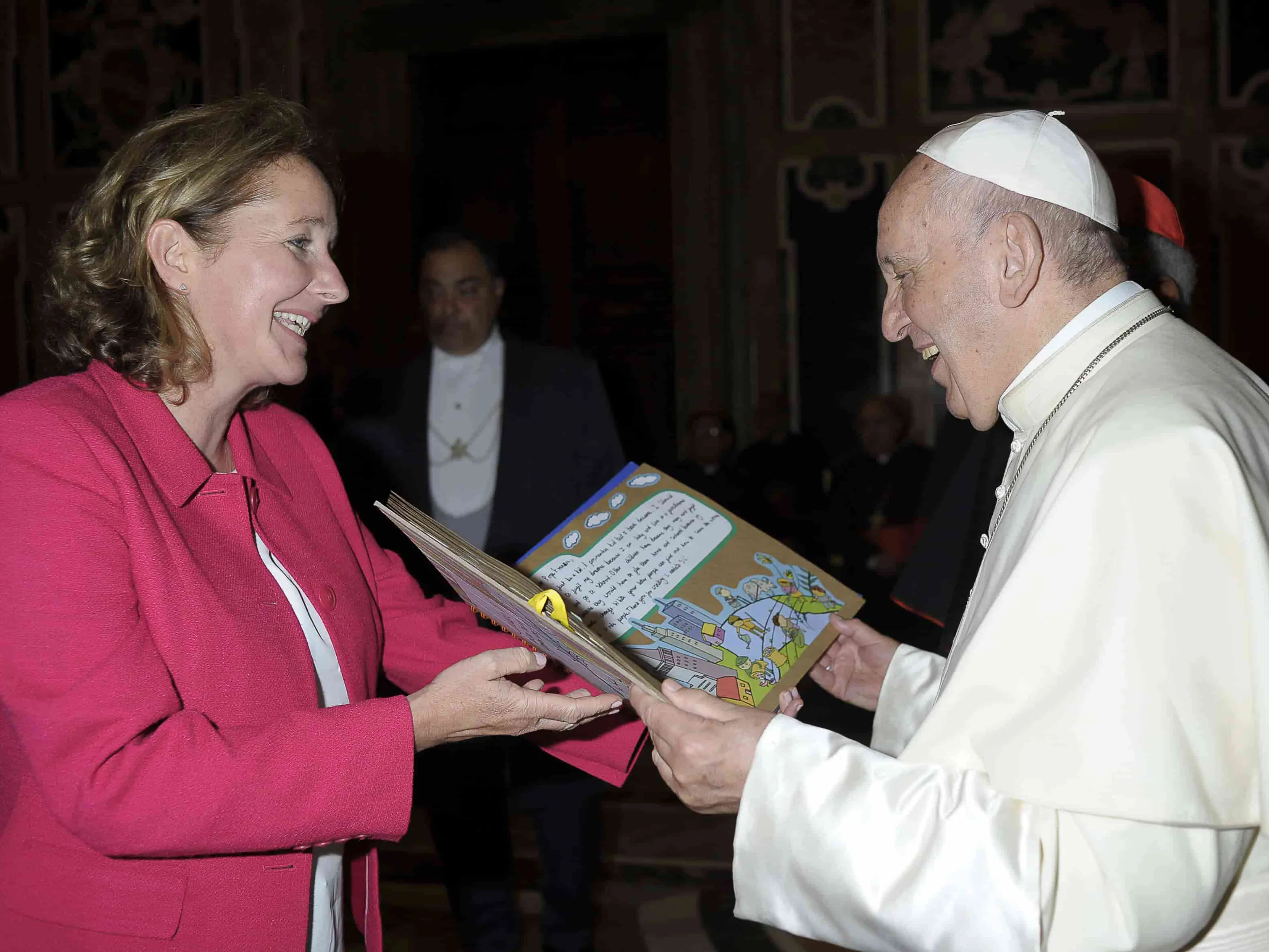 Europe - Vatican - Monica Conmee presenting Laudato Si' messages to Pope Francis